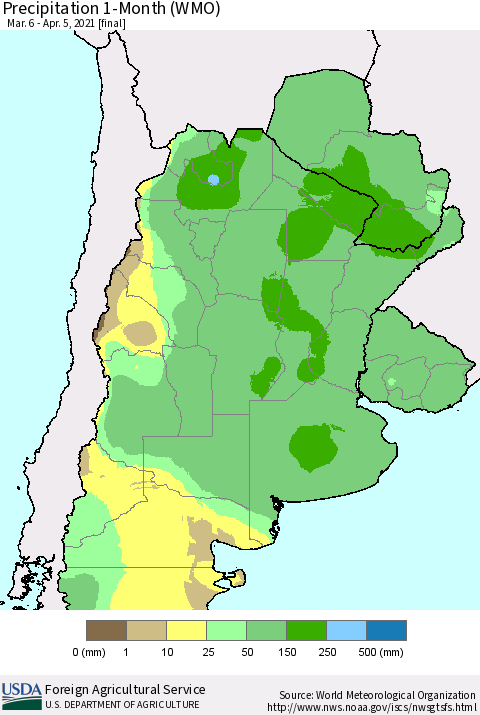 Southern South America Precipitation 1-Month (WMO) Thematic Map For 3/6/2021 - 4/5/2021