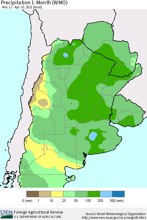 Southern South America Precipitation 1-Month (WMO) Thematic Map For 3/11/2021 - 4/10/2021