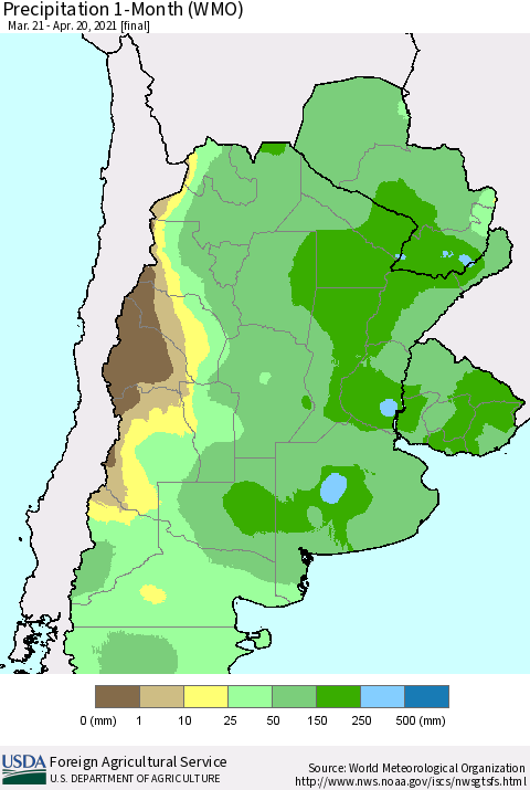 Southern South America Precipitation 1-Month (WMO) Thematic Map For 3/21/2021 - 4/20/2021