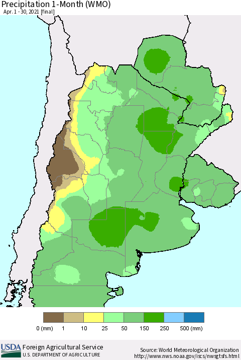 Southern South America Precipitation 1-Month (WMO) Thematic Map For 4/1/2021 - 4/30/2021