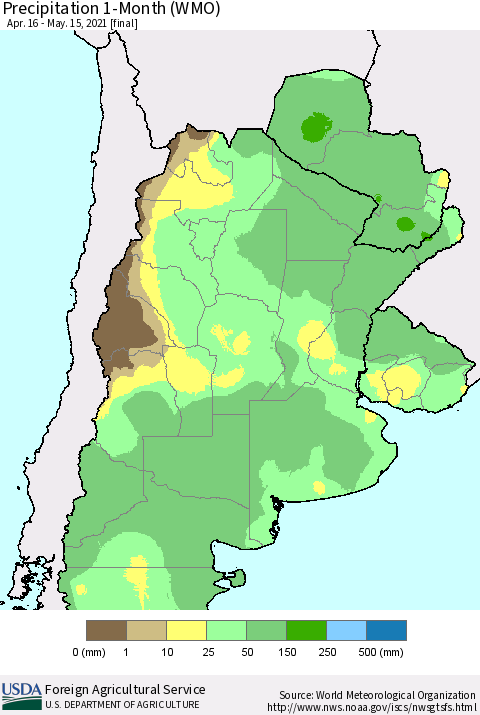Southern South America Precipitation 1-Month (WMO) Thematic Map For 4/16/2021 - 5/15/2021