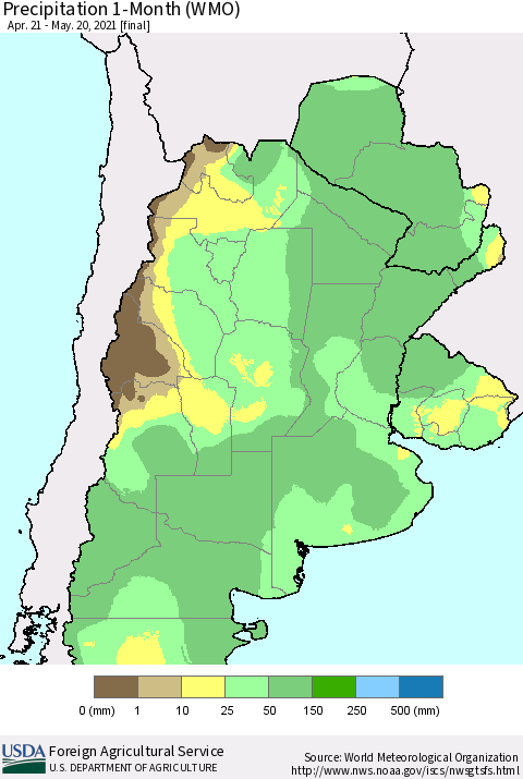 Southern South America Precipitation 1-Month (WMO) Thematic Map For 4/21/2021 - 5/20/2021
