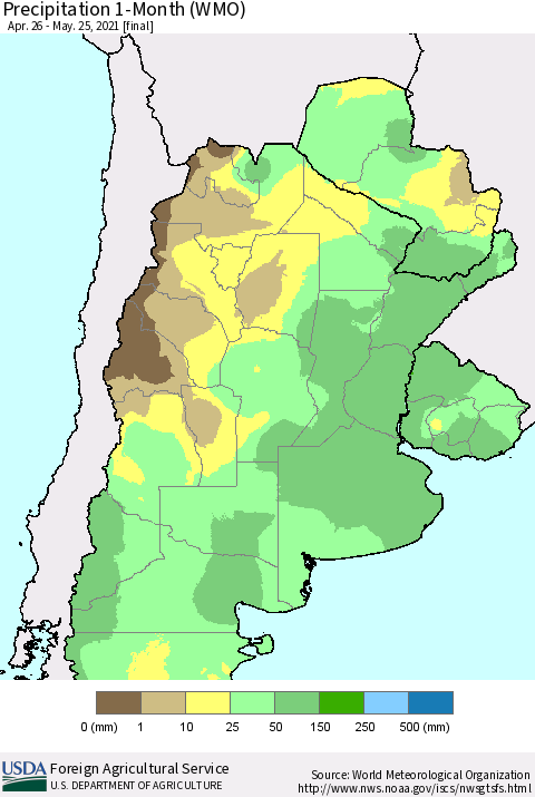Southern South America Precipitation 1-Month (WMO) Thematic Map For 4/26/2021 - 5/25/2021