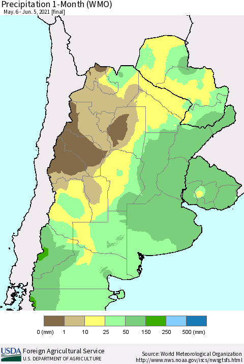 Southern South America Precipitation 1-Month (WMO) Thematic Map For 5/6/2021 - 6/5/2021