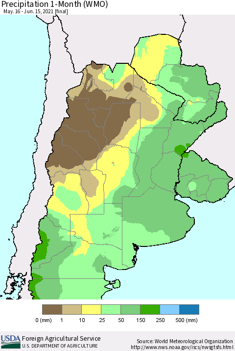 Southern South America Precipitation 1-Month (WMO) Thematic Map For 5/16/2021 - 6/15/2021