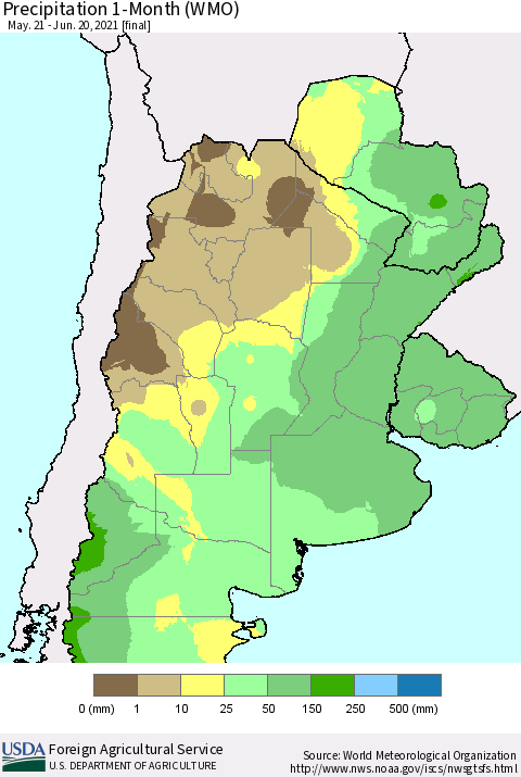 Southern South America Precipitation 1-Month (WMO) Thematic Map For 5/21/2021 - 6/20/2021
