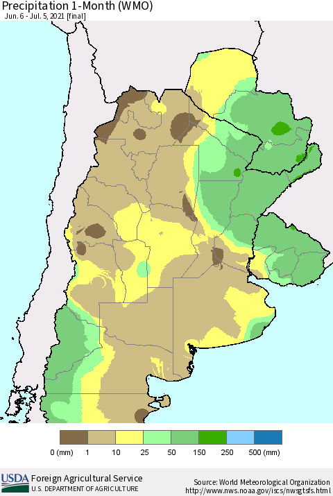 Southern South America Precipitation 1-Month (WMO) Thematic Map For 6/6/2021 - 7/5/2021