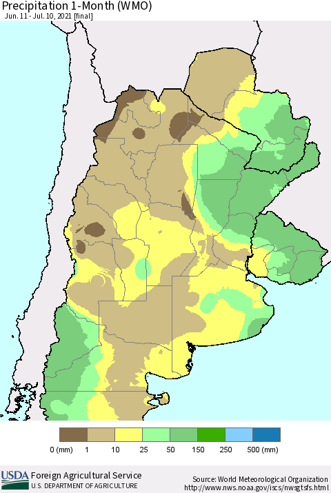 Southern South America Precipitation 1-Month (WMO) Thematic Map For 6/11/2021 - 7/10/2021