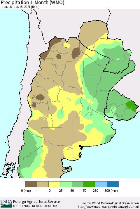 Southern South America Precipitation 1-Month (WMO) Thematic Map For 6/16/2021 - 7/15/2021