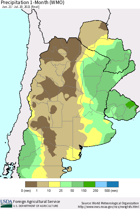 Southern South America Precipitation 1-Month (WMO) Thematic Map For 6/21/2021 - 7/20/2021