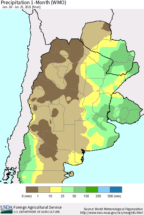 Southern South America Precipitation 1-Month (WMO) Thematic Map For 6/26/2021 - 7/25/2021