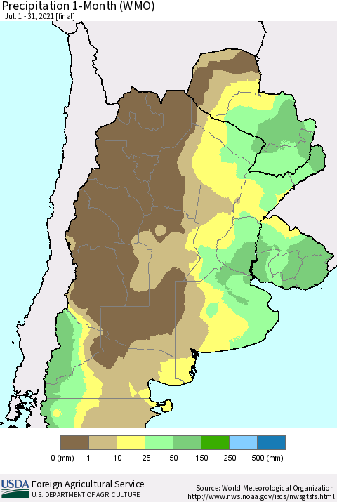 Southern South America Precipitation 1-Month (WMO) Thematic Map For 7/1/2021 - 7/31/2021