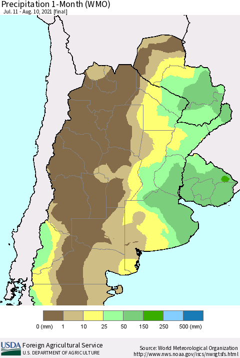 Southern South America Precipitation 1-Month (WMO) Thematic Map For 7/11/2021 - 8/10/2021