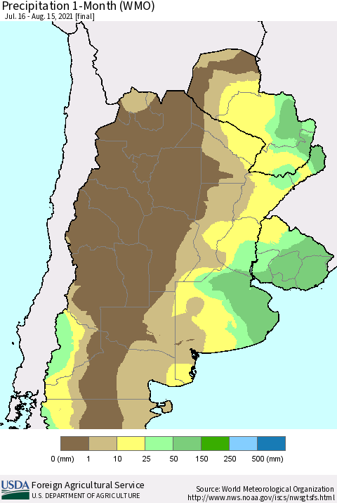 Southern South America Precipitation 1-Month (WMO) Thematic Map For 7/16/2021 - 8/15/2021