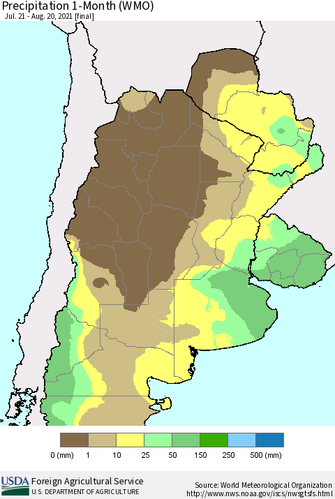 Southern South America Precipitation 1-Month (WMO) Thematic Map For 7/21/2021 - 8/20/2021