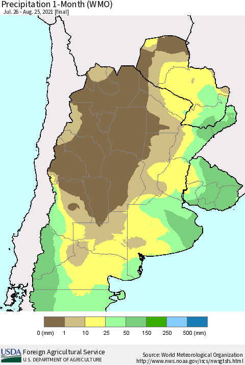 Southern South America Precipitation 1-Month (WMO) Thematic Map For 7/26/2021 - 8/25/2021