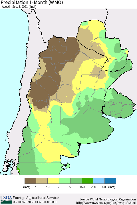 Southern South America Precipitation 1-Month (WMO) Thematic Map For 8/6/2021 - 9/5/2021