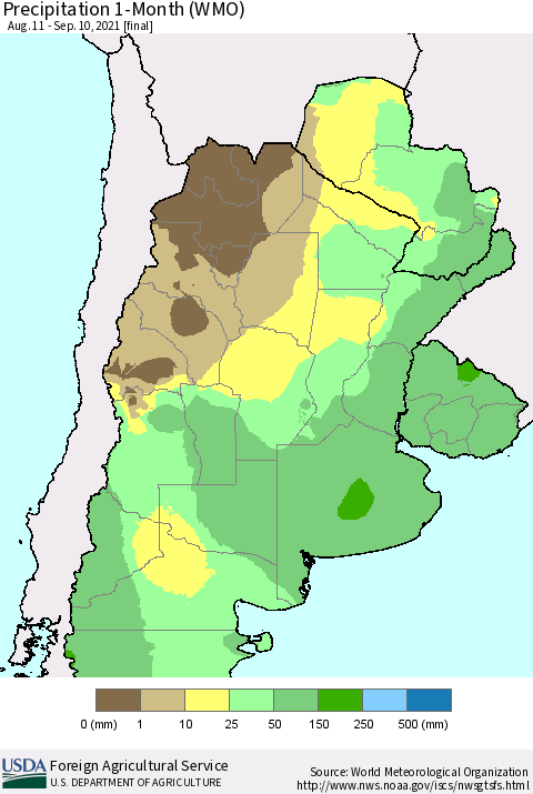 Southern South America Precipitation 1-Month (WMO) Thematic Map For 8/11/2021 - 9/10/2021