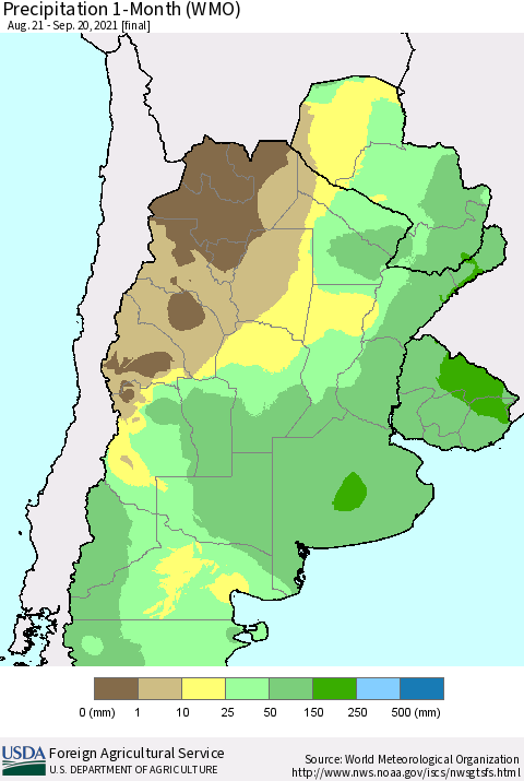 Southern South America Precipitation 1-Month (WMO) Thematic Map For 8/21/2021 - 9/20/2021