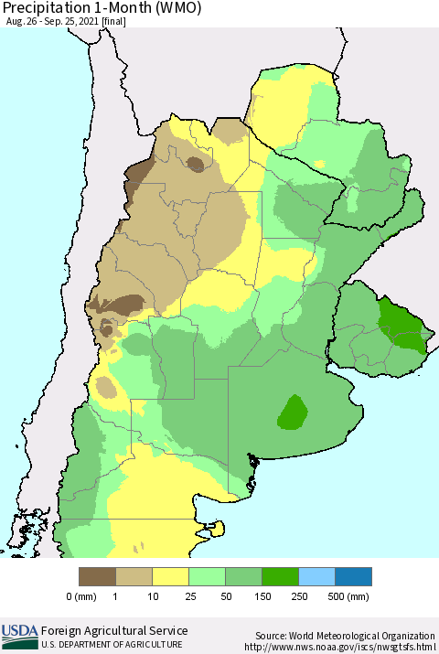 Southern South America Precipitation 1-Month (WMO) Thematic Map For 8/26/2021 - 9/25/2021