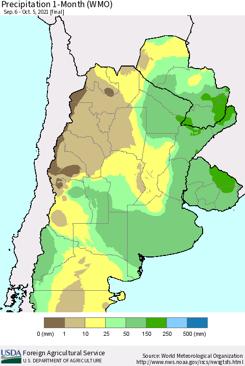 Southern South America Precipitation 1-Month (WMO) Thematic Map For 9/6/2021 - 10/5/2021