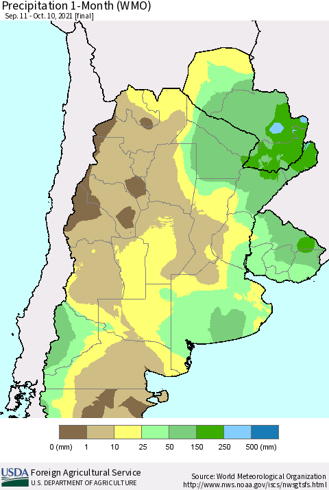 Southern South America Precipitation 1-Month (WMO) Thematic Map For 9/11/2021 - 10/10/2021