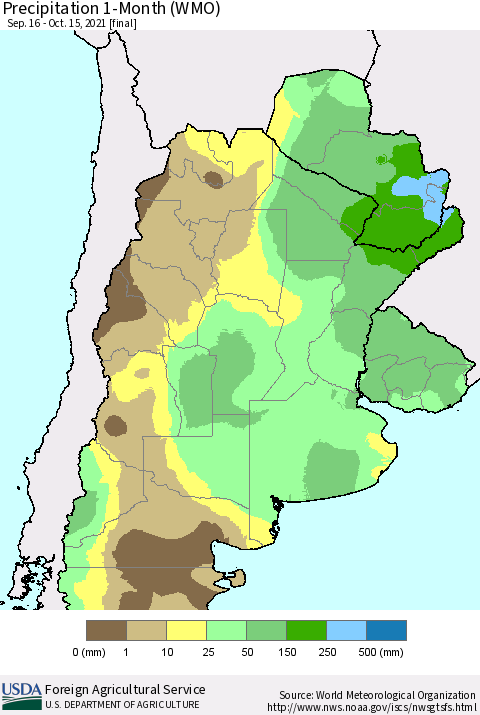 Southern South America Precipitation 1-Month (WMO) Thematic Map For 9/16/2021 - 10/15/2021