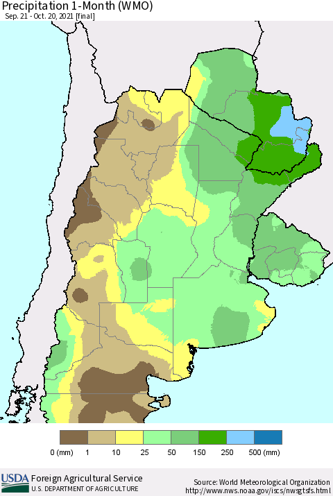Southern South America Precipitation 1-Month (WMO) Thematic Map For 9/21/2021 - 10/20/2021