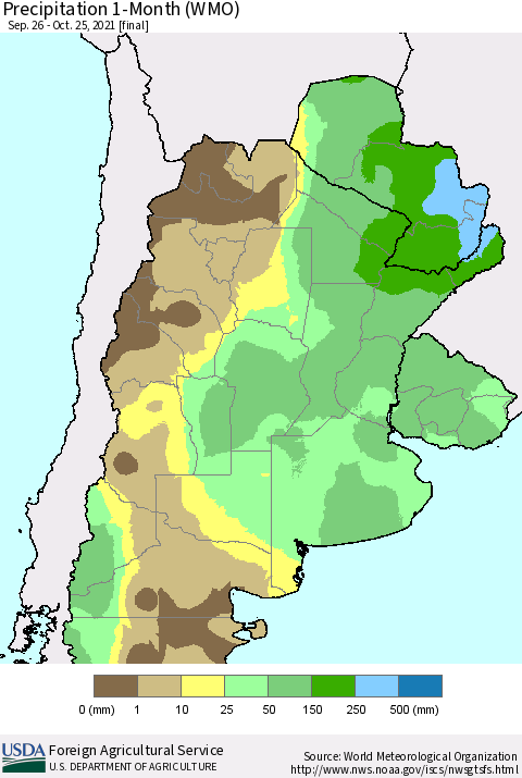 Southern South America Precipitation 1-Month (WMO) Thematic Map For 9/26/2021 - 10/25/2021