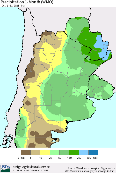 Southern South America Precipitation 1-Month (WMO) Thematic Map For 10/1/2021 - 10/31/2021