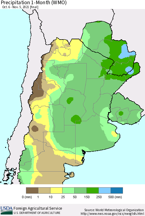 Southern South America Precipitation 1-Month (WMO) Thematic Map For 10/6/2021 - 11/5/2021
