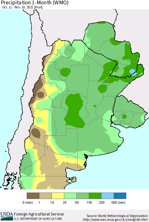 Southern South America Precipitation 1-Month (WMO) Thematic Map For 10/11/2021 - 11/10/2021