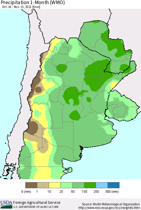 Southern South America Precipitation 1-Month (WMO) Thematic Map For 10/16/2021 - 11/15/2021