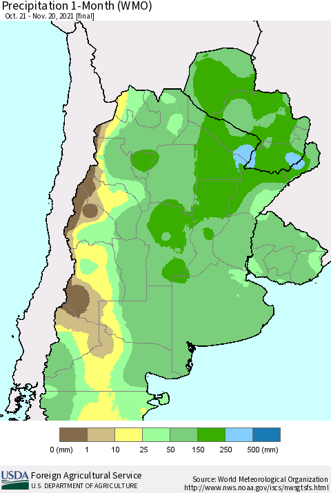Southern South America Precipitation 1-Month (WMO) Thematic Map For 10/21/2021 - 11/20/2021