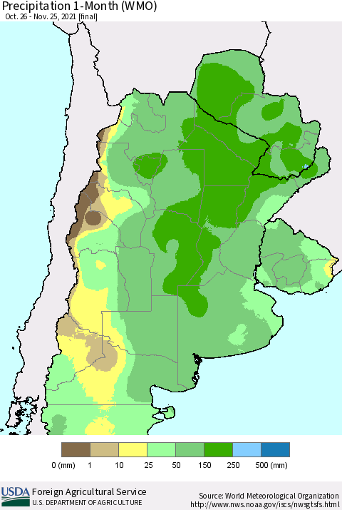 Southern South America Precipitation 1-Month (WMO) Thematic Map For 10/26/2021 - 11/25/2021