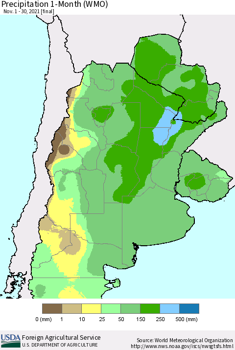 Southern South America Precipitation 1-Month (WMO) Thematic Map For 11/1/2021 - 11/30/2021