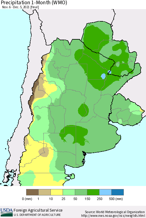 Southern South America Precipitation 1-Month (WMO) Thematic Map For 11/6/2021 - 12/5/2021