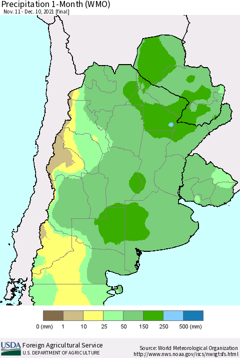 Southern South America Precipitation 1-Month (WMO) Thematic Map For 11/11/2021 - 12/10/2021