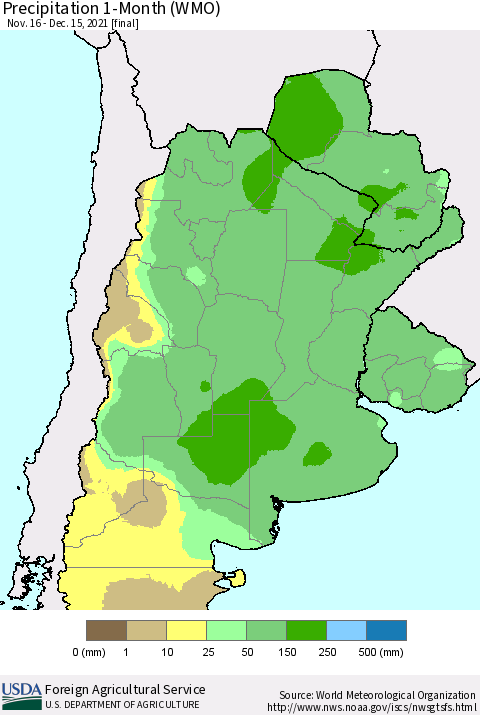 Southern South America Precipitation 1-Month (WMO) Thematic Map For 11/16/2021 - 12/15/2021