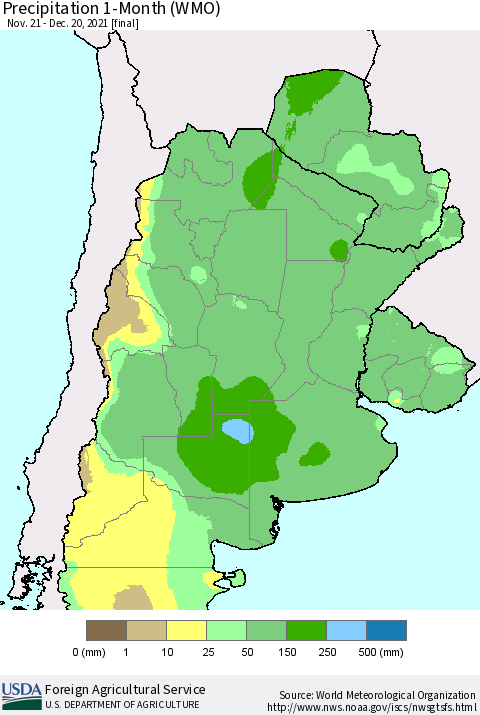 Southern South America Precipitation 1-Month (WMO) Thematic Map For 11/21/2021 - 12/20/2021