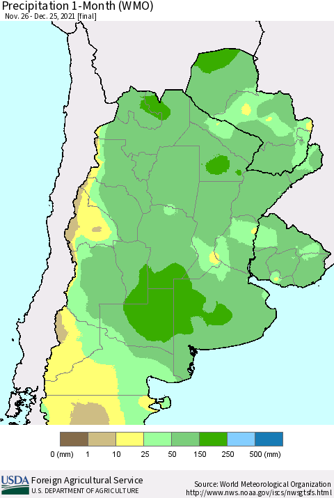 Southern South America Precipitation 1-Month (WMO) Thematic Map For 11/26/2021 - 12/25/2021