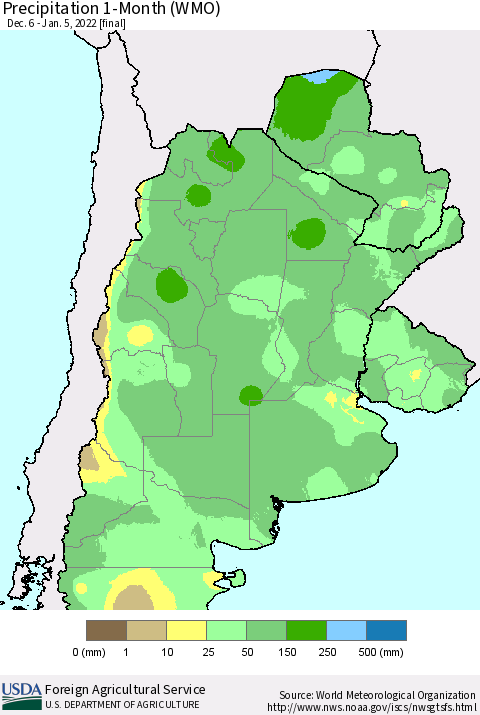 Southern South America Precipitation 1-Month (WMO) Thematic Map For 12/6/2021 - 1/5/2022
