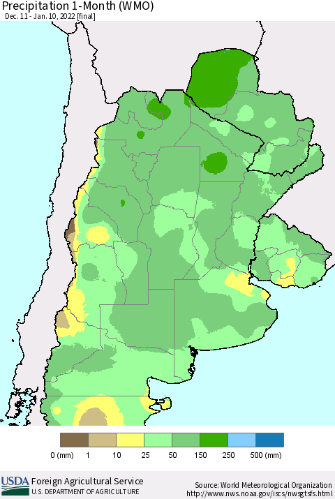 Southern South America Precipitation 1-Month (WMO) Thematic Map For 12/11/2021 - 1/10/2022