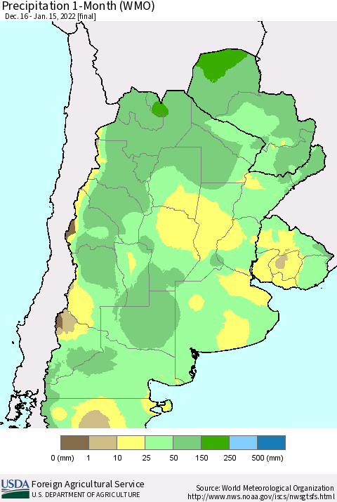 Southern South America Precipitation 1-Month (WMO) Thematic Map For 12/16/2021 - 1/15/2022