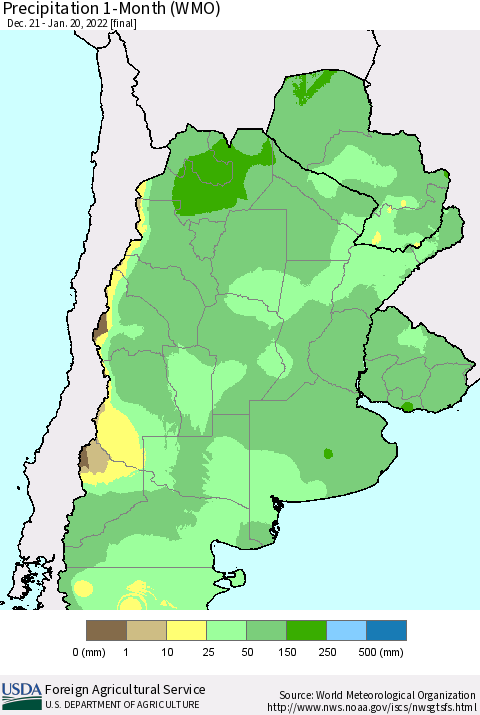 Southern South America Precipitation 1-Month (WMO) Thematic Map For 12/21/2021 - 1/20/2022