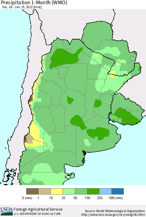 Southern South America Precipitation 1-Month (WMO) Thematic Map For 12/26/2021 - 1/25/2022