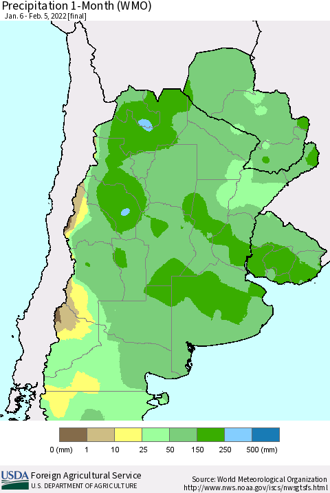 Southern South America Precipitation 1-Month (WMO) Thematic Map For 1/6/2022 - 2/5/2022