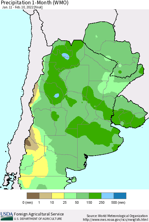 Southern South America Precipitation 1-Month (WMO) Thematic Map For 1/11/2022 - 2/10/2022