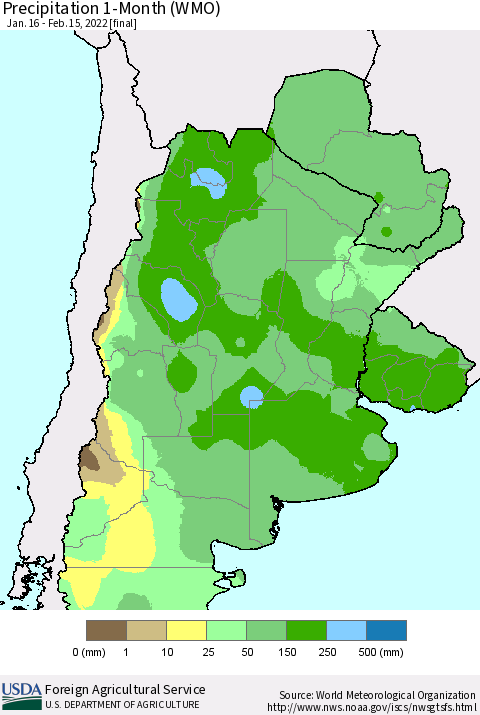 Southern South America Precipitation 1-Month (WMO) Thematic Map For 1/16/2022 - 2/15/2022