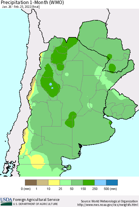 Southern South America Precipitation 1-Month (WMO) Thematic Map For 1/26/2022 - 2/25/2022